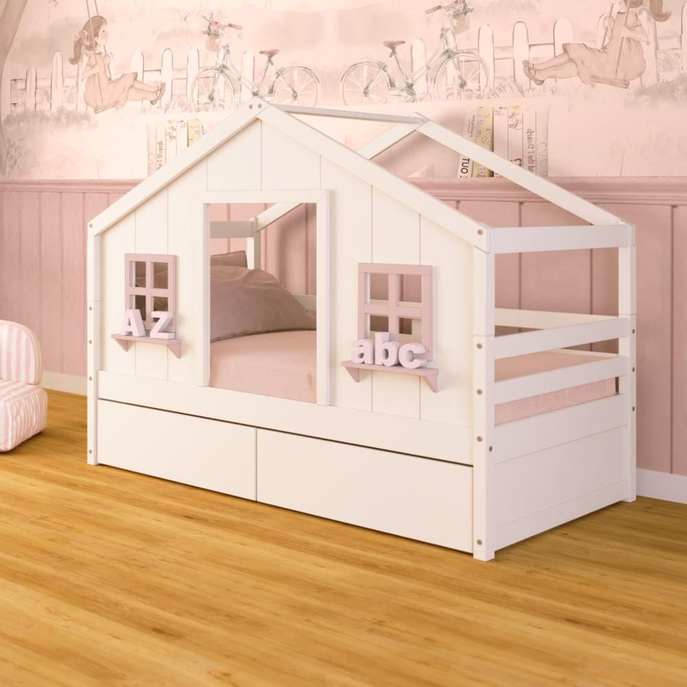 Cama Casinha dos Sonhos com 02 Gavetas Madeira Maciça Branco/ Rosa Megamobilia