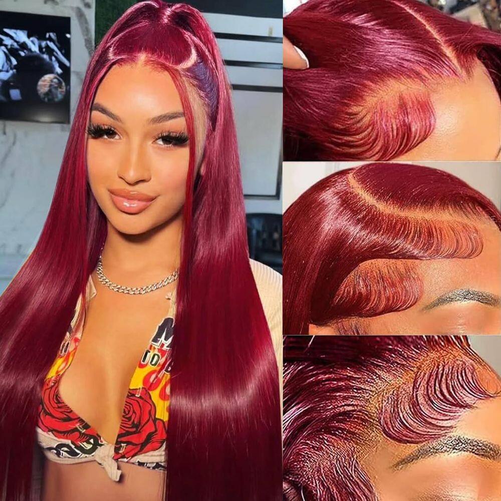 Perucas frontais de renda AUOU 99m Borgonha, cabelo humano liso, 60 cm