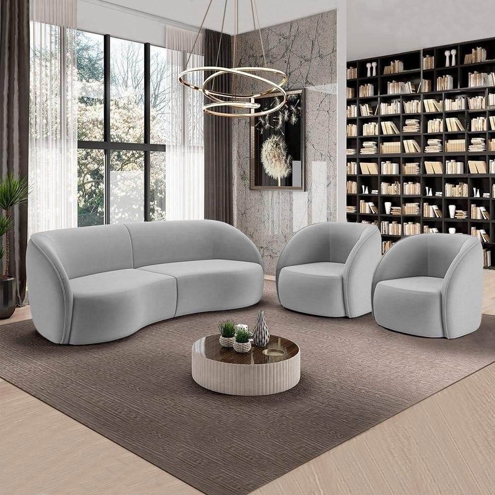 Conjunto Sofá Sala De Estar Bipartido 240cm E 2 Poltronas Clarke Veludo Cinza G45 - Gran Belo