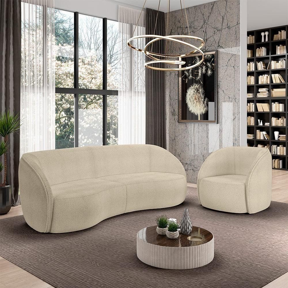 Conjunto Sofá Sala De Estar Bipartido 240cm E Poltrona Clarke Bouclê Bege G45 - Gran Belo