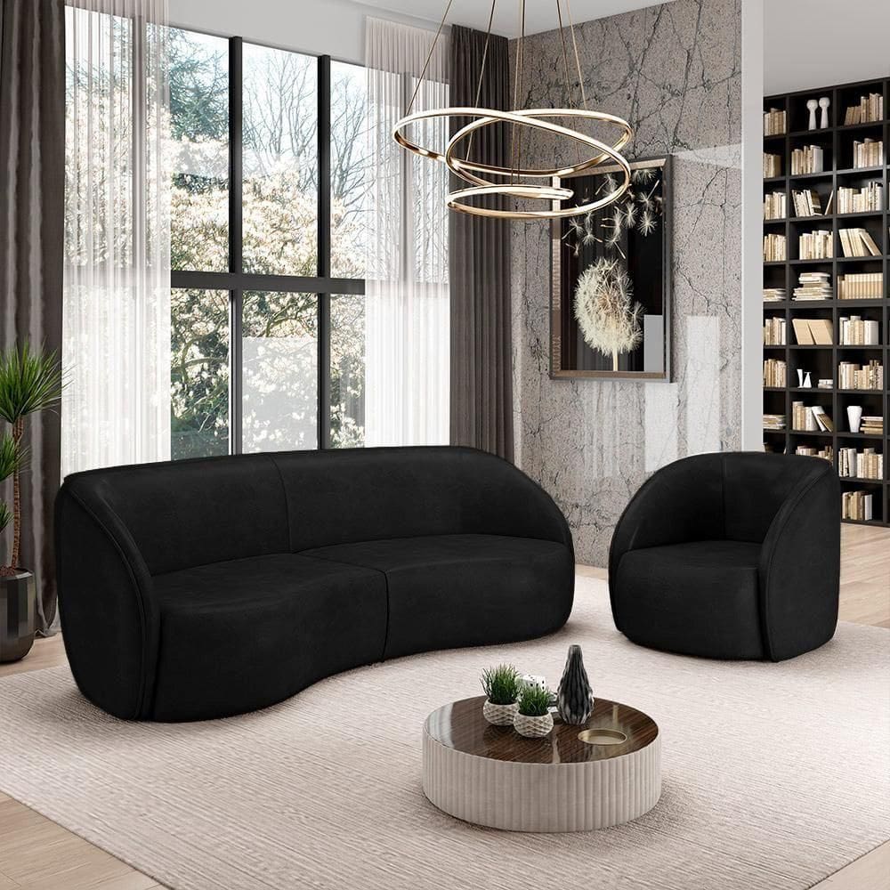 Conjunto Sofá Sala De Estar Bipartido 240cm E Poltrona Clarke Pu Preto Manchado G45 - Gran Belo