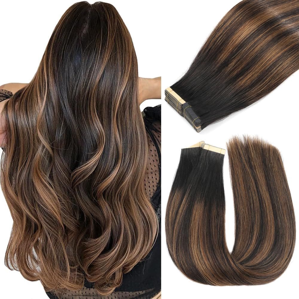 Fita adesiva em extensões de cabelo YDDM Balayage, preto natural a marrom castanho, 40 cm, 20 unidades, cabelo humano 100% Remy