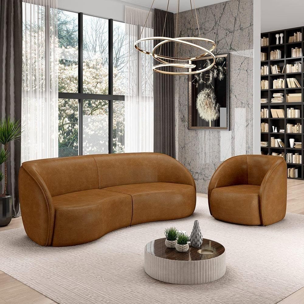 Conjunto Sofá Sala De Estar Bipartido 240cm E Poltrona Clarke Pu Caramelo Manchado G45 - Gran Belo
