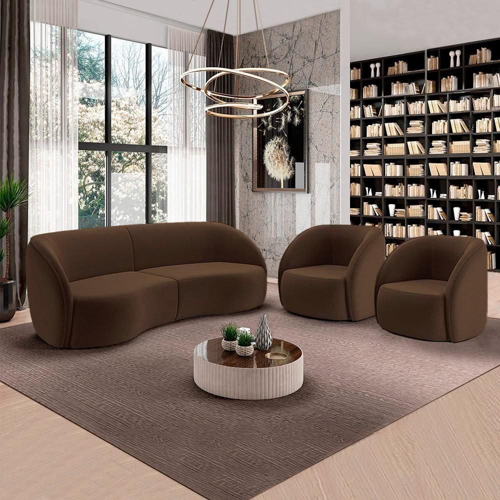 Conjunto Sofá Sala De Estar Bipartido 288cm E 2 Poltronas Clarke Veludo Marrom G45 - Gran Belo