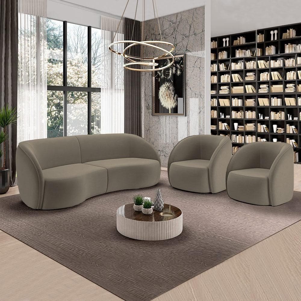 Conjunto Sofá Sala De Estar Bipartido 240cm E 2 Poltronas Clarke Veludo Castor G45 - Gran Belo