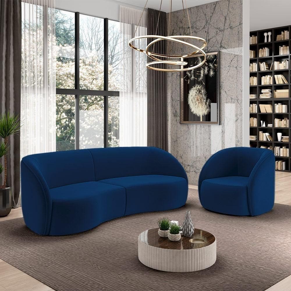 Conjunto Sofá Sala De Estar Bipartido 318cm E Poltrona Clarke Veludo Azul G45 - Gran Belo