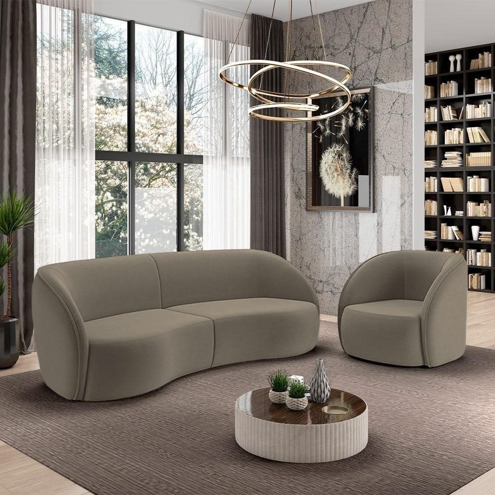 Conjunto Sofá Sala De Estar Bipartido 240cm E Poltrona Clarke Veludo Castor G45 - Gran Belo