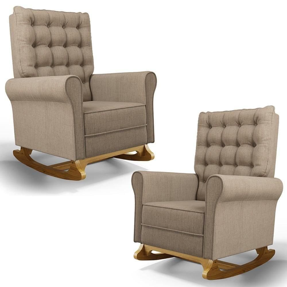 Kit 02 Poltronas De Amamentação E Descanso Base Madeira Balanço Brenda G05 Linho Areia - Mpozenato