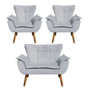 Kit Namoradeira 2 Lugares E 2 Poltronas Decorativas Pés Palito Opla Suede Cinza - Ibiza