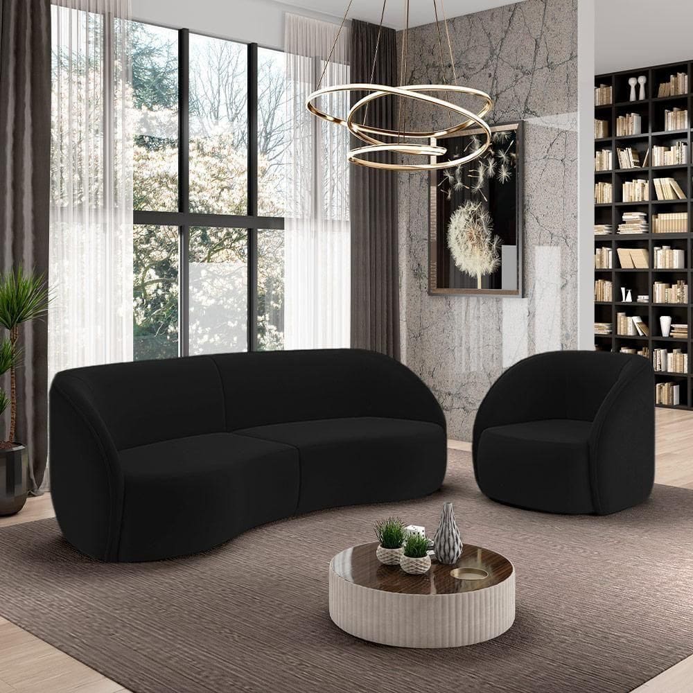 Conjunto Sofá Sala De Estar Bipartido 240cm E Poltrona Clarke Veludo Preto G45 - Gran Belo
