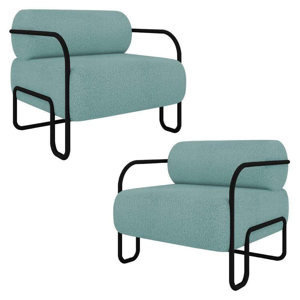 Poltrona Decorativa Para Sala Industrial Kit 2 Kira K04 Bouclê Azul - Mpozenato