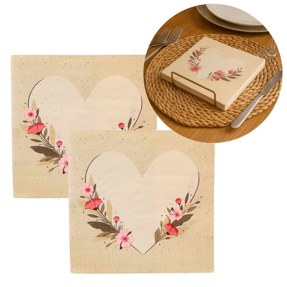 Kit Guardanapo Estampado Coração Floral Bege Luxo 40 Folhas 33cm - Tuut