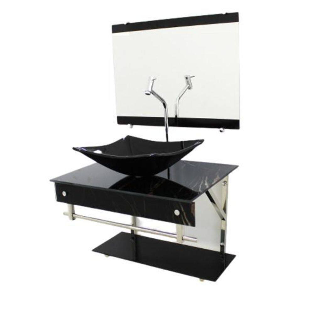 Gabinete Vidro 60Cm Iqx Inox Cuba Retangular Mármore Preto