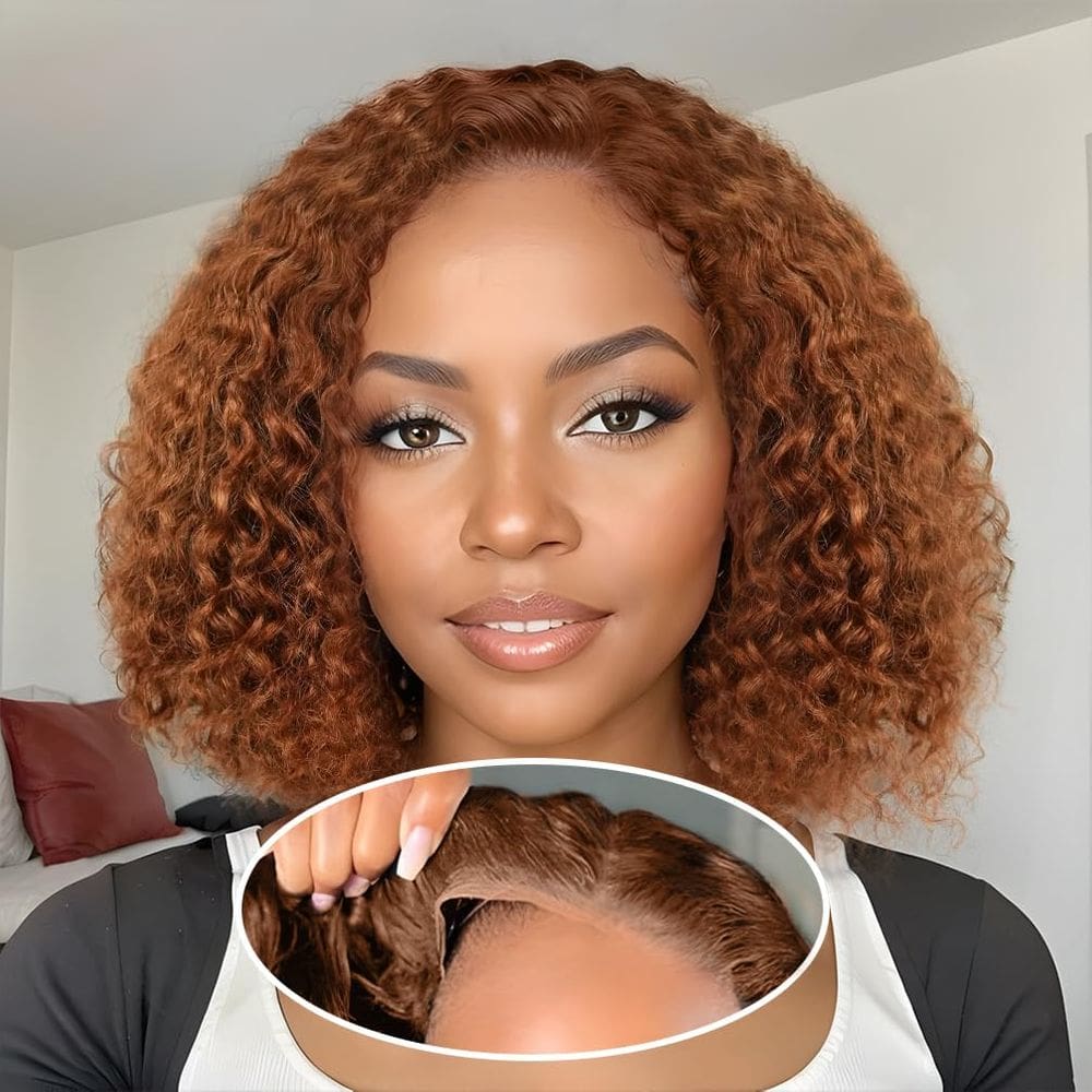 Perucas frontais de renda sem cola, cabelo humano Bob 8", 180% de densidade, ruivo