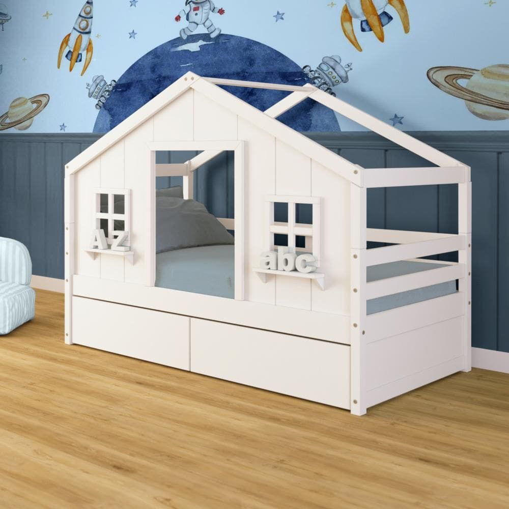 Cama Casinha dos Sonhos com 02 Gavetas Madeira Maciça Branco Megamobilia