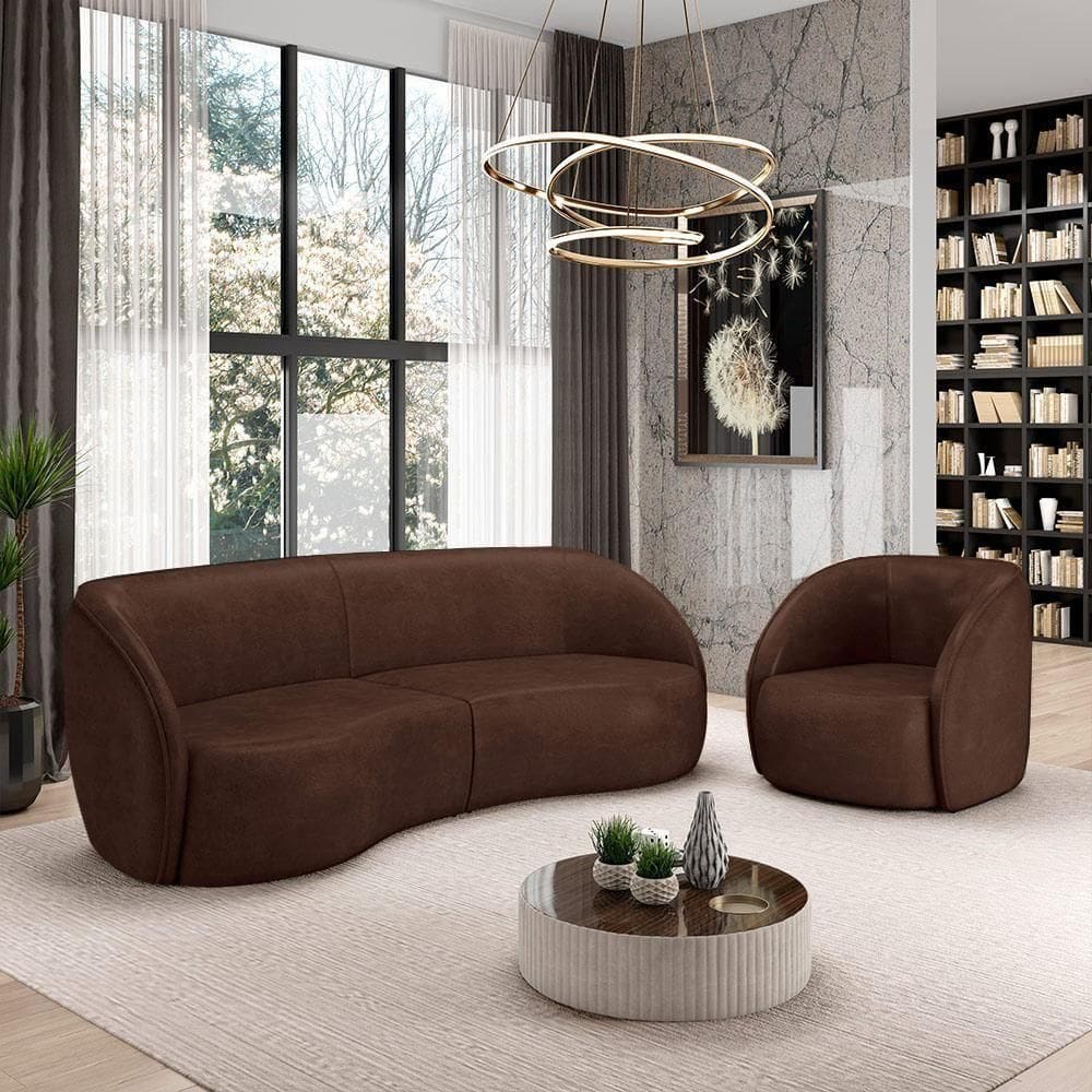 Conjunto Sofá Sala De Estar Bipartido 240cm E Poltrona Clarke Pu Marrom Manchado G45 - Gran Belo