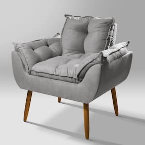 Poltrona Decorativa Opala Pés Palitos Suede Cinza - Vallisa Decor