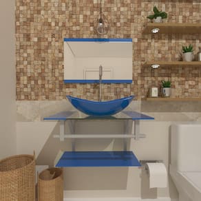 Gabinete De Vidro 40Cm Ac Com Cuba Oval Azul Escuro Torneira