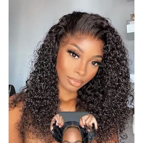 Perucas WBTH, cabelo humano sem cola, onda encaracolada profunda, 45 cm, natural