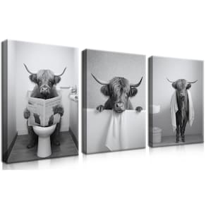 Conjunto de impressões de pôsteres em tela Funny Bathroom Highland Cow x3