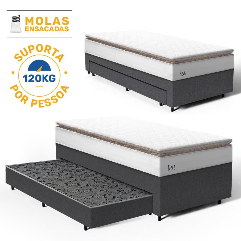 Cama Box com Colchão de Molas Ensacadas Pillow Top Neve + Auxiliar de Espuma Unique Solteiro 88cm