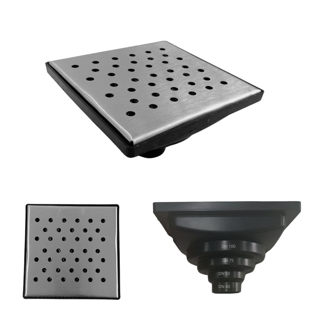 Ralo Anti Odor Inox 304 modelo 15x15 Bolinha Tela e Coletor Preto Saída Adapt de 40mm até 100mm