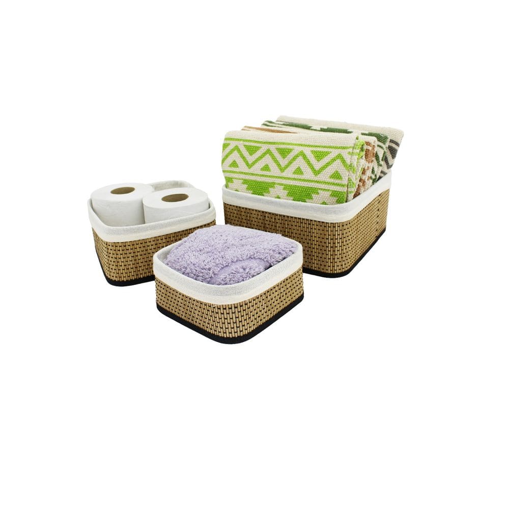 Conjunto de 3 Cestos Multiuso Bambu Organizador Roupas Armário Banheiro