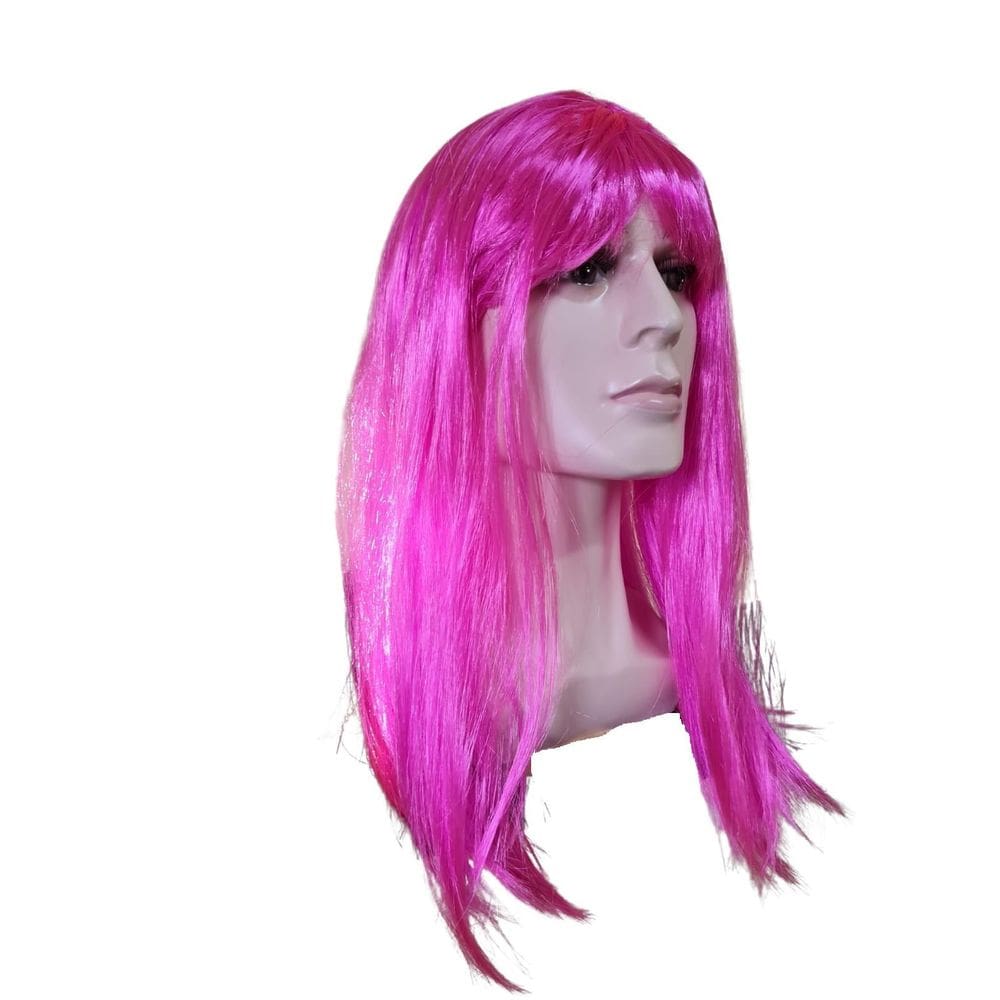 Peruca Longa Sintética Rosa Pink Com Franja 55 Cm