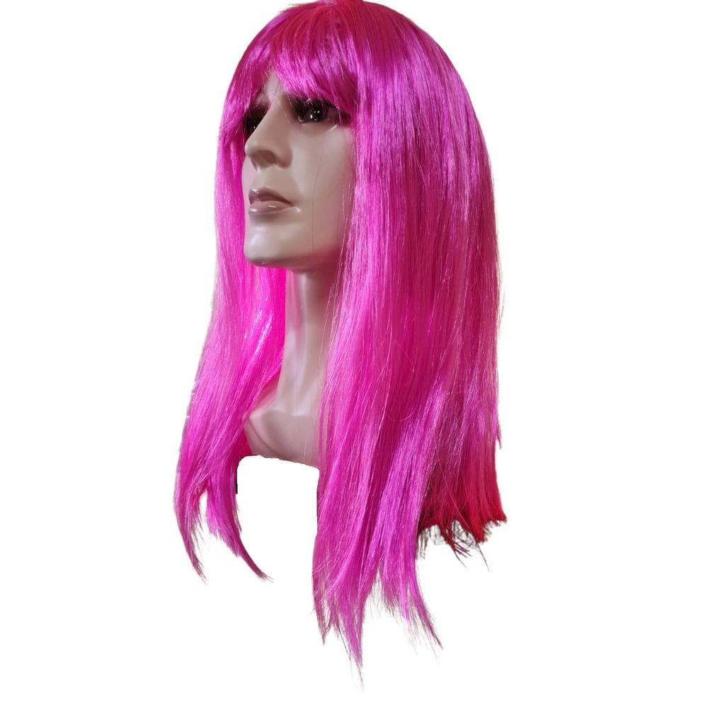 Peruca Longa Sintética Com Franja Rosa Pink 55 Cm