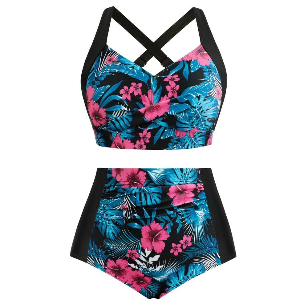 Roupa de banho feminina Hanna Nikole, 2 peças, folhas azuis e rosa 22+
