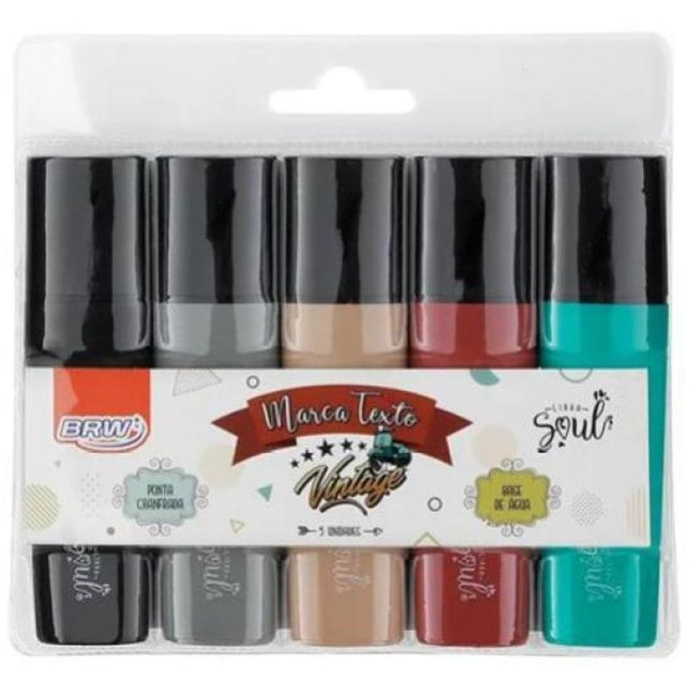 Marca Texto Vintage BRW CA2018 - 5 Cores, Ponta Chanfrada