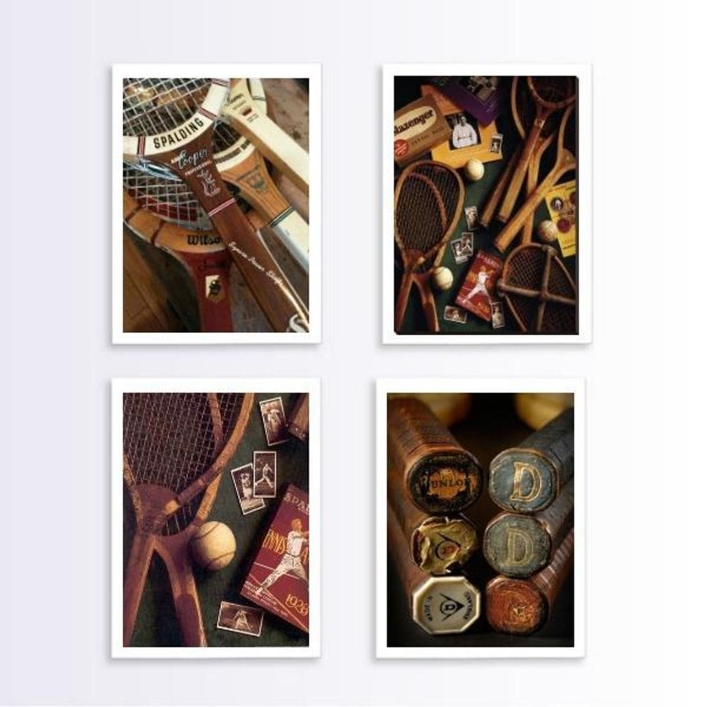 Kit 4 Quadros Esporte Tênis Vintage 45X34Cm Branca
