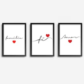 Conjunto Quadros Decorativos Fé Amor Família com Vidro
