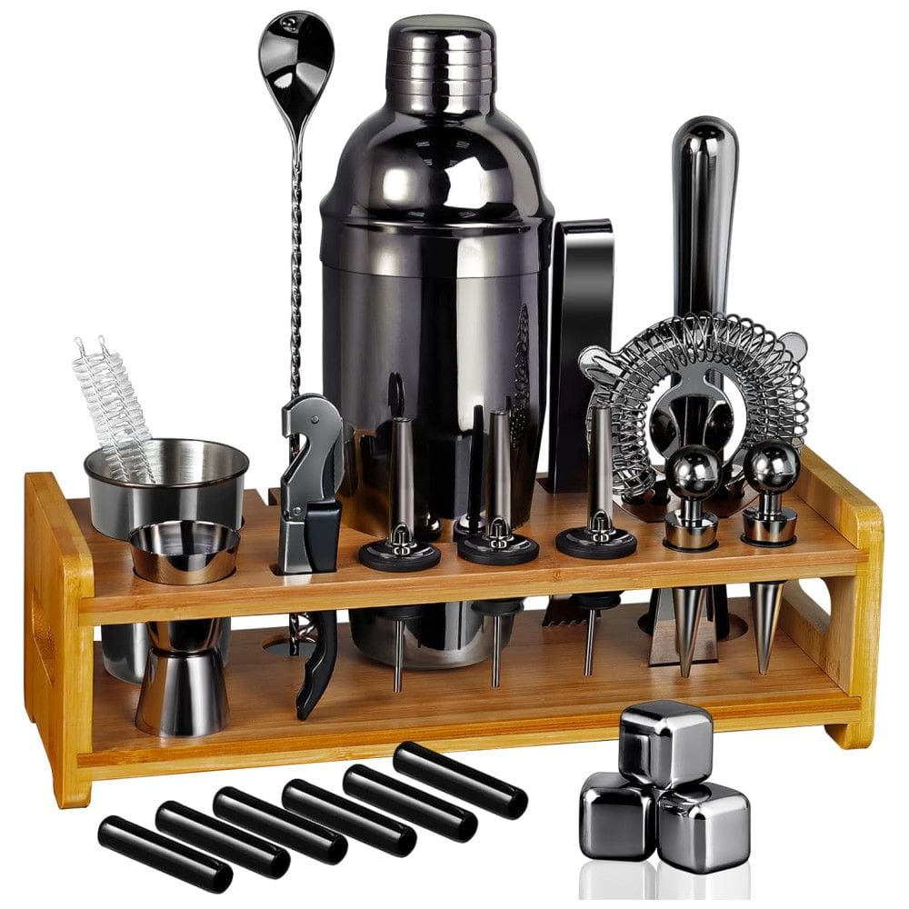 Kit Bartender Profissional 26 Peças em Aço Inoxidável com Suporte de Bambu, Sugiury, Preto