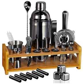 Kit Bartender Profissional 26 Peças em Aço Inoxidável com Suporte de Bambu, Sugiury, Preto