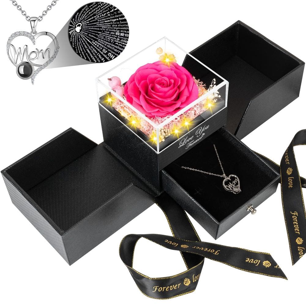 Conjunto de presente BNWXOY Preserved Dark Pink Real Roses com colar