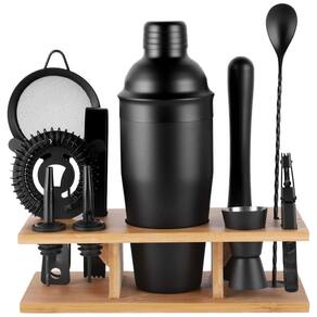 Kit Bartender Profissional 11 Peças em Aço Inoxidável com Suporte de Bambu, JNWINOG, Preto Fosco