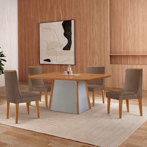 Mesa Merlim 120 Tampo Mdf Canto Copo e 4 Cadeiras Sena Capucino / Naturalle / Off White
