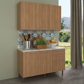 Cozinha Compacta 120cm 2 Peças, 5 Portas e 3 Gavetas Freijó