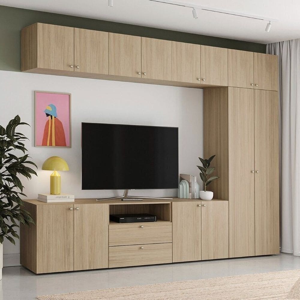 Rack Modular 8 Módulos 14 Portas 2 Gavetas 1 Kit Prateleira Frame CabeCasaMadeiraMadeira Acácia