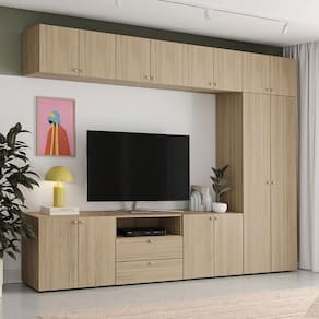 Rack Modular 8 Módulos 14 Portas 2 Gavetas 1 Kit Prateleira Frame CabeCasaMadeiraMadeira Acácia