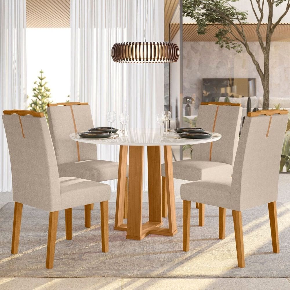 Conjunto Sala de Jantar Mesa Isabela 117cm com 4 Cadeiras Serena Ypê/Off White