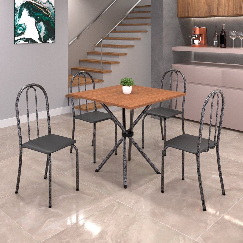 Conjunto de Mesa Tubular 70cm X 70cm Tampo em Mdf com 4 Cadeiras Ane B Preto / Martelado Prata