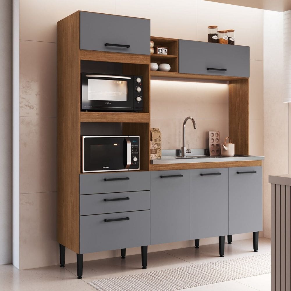 Cozinha Compacta 207cm X 185cm X 54cm Freijó/Cinza