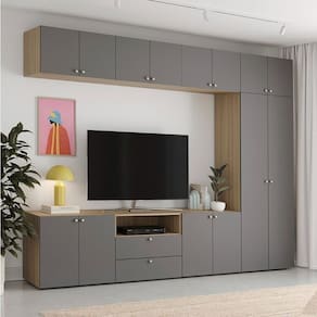 Rack Modular 8 Módulos 14 Portas 2 Gavetas 1 Kit Prateleira Frame CabeCasaMadeiraMadeira Acácia/Grafite