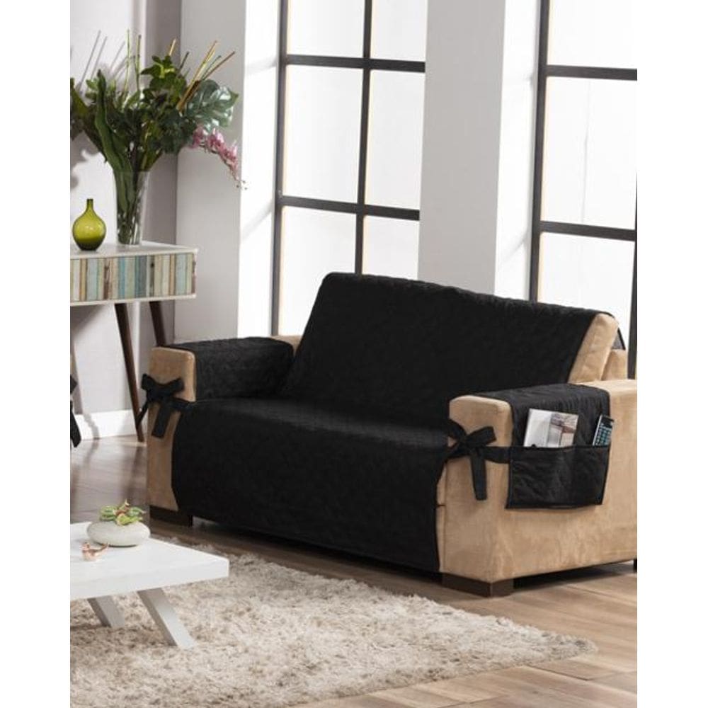 Capa De Sofá 2 Avulso Lugares Preto Laço E Porta Objetos