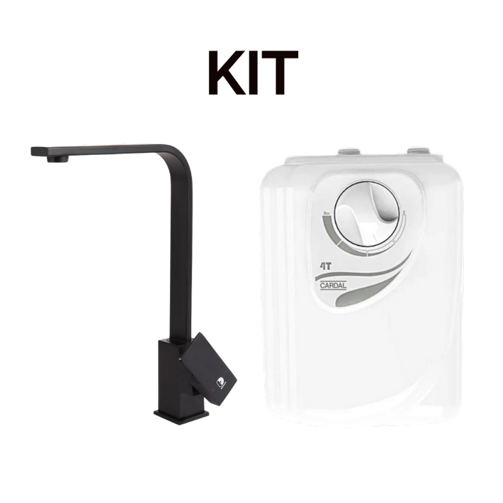 Kit Torneira Monocomando Quadrada 360° Preta Cozinha + Aquecedor Cardal 4T 6400W 220V
