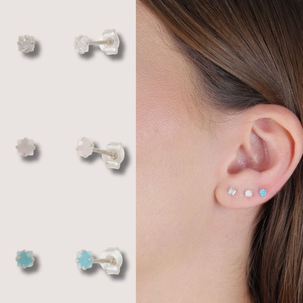 Trio de brincos Quadrados 3mm - Azul/Rosa/Cristal (Leitoso) - Prata 925