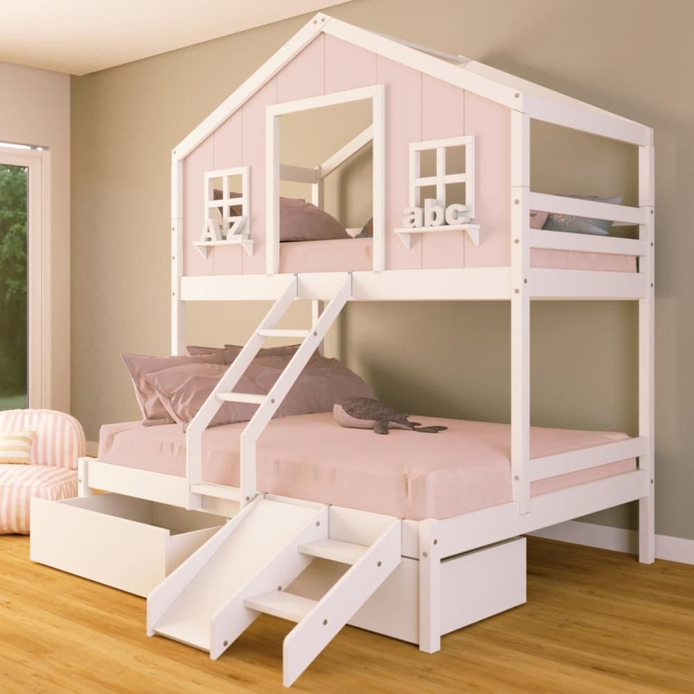 Beliche Casal/ Solteiro Casinha dos Sonhos com Escada/ Escorregador e 02 Gavetas Madeira Maciça Rosa/ Branco Housin
