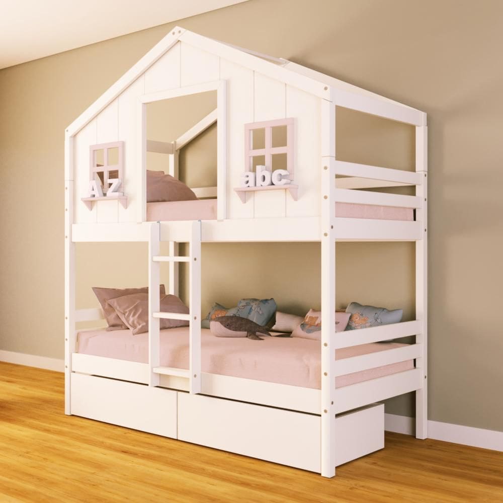Beliche Casinha dos Sonhos com 02 Gavetas Madeira Maciça Branco/ Rosa Housin